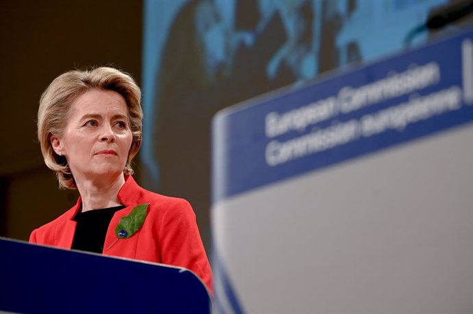 HANDOUT - 17 March 2021, Belgium, Brussels: European Commission President Ursula von der Leyen speaks during a press conference on the Commission's response to COVID-19 and the EU new vaccine certificate. The European Commission on Wednesday proposed th