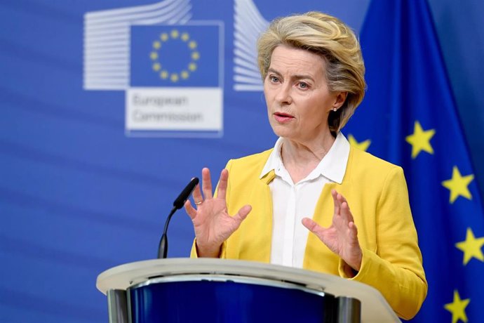 HANDOUT - 14 April 2021, Belgium, Brussels: European Commission President Ursula Von der Leyen speaks during a press conference on developments in the Vaccines Strategy. Photo: Etienne Ansotte/European Commission/dpa - ATTENTION: editorial use only and 