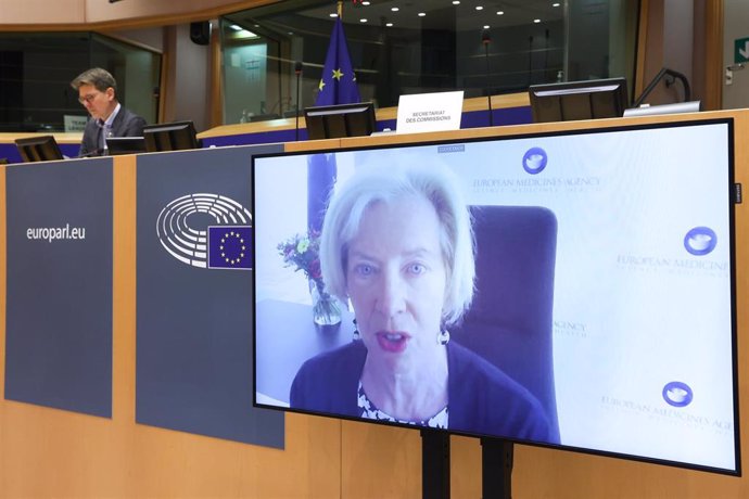 HANDOUT - 23 March 2021, Belgium, Brussels: Executive Director of the European Medicines Agency Emer Cooke (on screens) speaks during a video hearing by European Parliament Committee on the Environment, Public Health and Food Safety on the update of eva