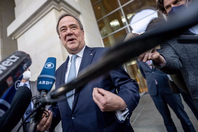 13 April 2021, Berlin: Armin Laschet, Federal Chairman of the Christian Democratic Party and Minister President of North Rhine-Westphalia, speaks to media after the meeting of the CDU/CSU parliamentary group at the Bundestag. Photo: Michael Kappeler/dpa