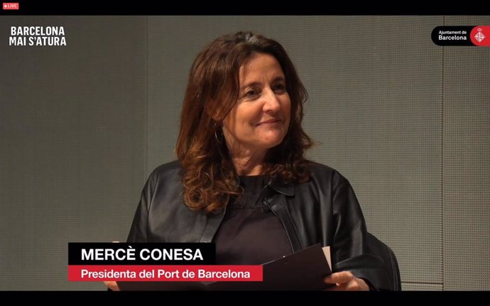 La presidenta del Puerto de Barcelona, Merc Conesa, durante el encuentro digital sobre economía azul de las jornadas 'Barcelona reACT'