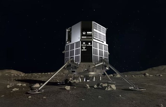 Representación de un artista del módulo de aterrizaje HAKUTO-R de ispace en la superficie de la luna.