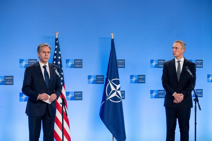 HANDOUT - 14 April 2021, Belgium, Brussels: NATO Secretary General Jens Stoltenberg (R) and US Secretary of State Antony Blinken speak during a press conference after their meeting at the NATO headquarters. Photo: -/NATO/dpa - ATTENTION: editorial use o