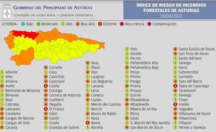Índice De Riesgo De Incendio Forestal En Asturias Para Este Viernes 16 De Abril De 2021.
