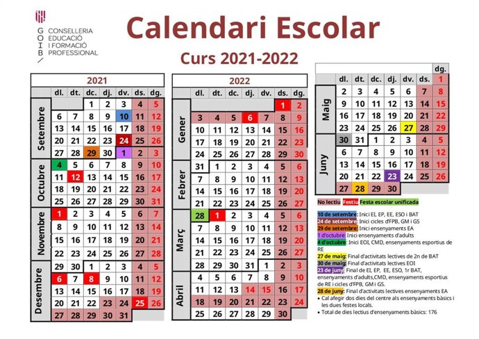 Calendario del curso escolar 2021-2022.