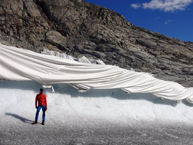 Un investigador se para frente al glaciar Ródano cubierto de geotextiles que lo protegen del derretimiento acelerado.