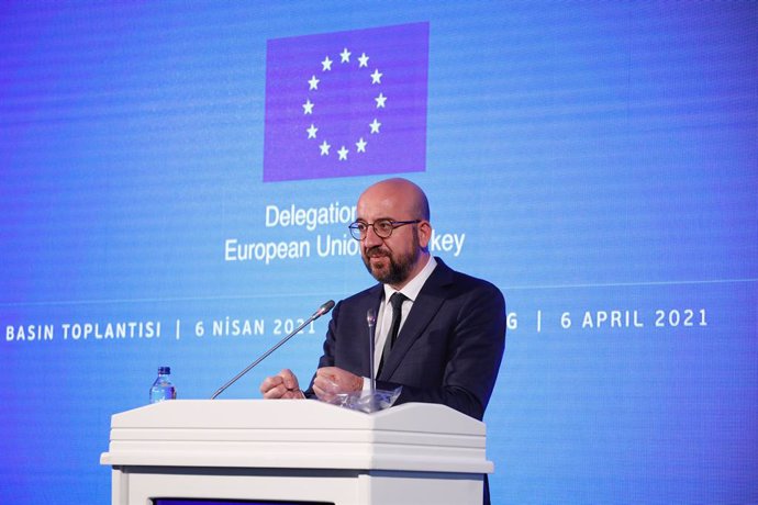 HANDOUT - 06 April 2021, Turkey, Ankara: European Council President Charles Michel speaks during a joint press conference with European Commission President Ursula Von der Leyen (not pictured) after their meeting with the Turkish President Recep Tayyip 