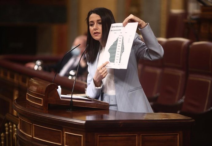La presidenta de Cs, Inés Arrimadas, en una imagen del 14 de abril durante la presentación del Plan de Recuperación, Transformación y Resiliencia. 