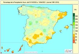 Las precipitaciones acumuladas desde el 1 de octubre de 2020 hasta el 13 de abril de 2021 están un 7% por debajo de su valor normal en el conjunto de España, según informa AEMET.