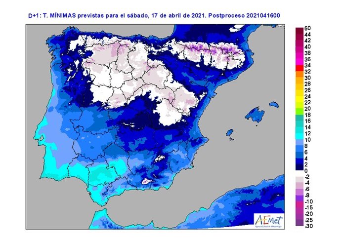 Mapa facilitado por la Aemet sobre la previsión de heladas generalizadas para el fin de semana en Castilla y León