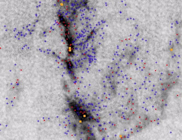 Mapa de alta resolución sin precedentes del Cúmulo de la Nebulosa de Orión que muestra estrellas recién nacidas (cuadrados naranjas), núcleos de gas que colapsan gravitacionalmente (círculos rojos) y núcleos de gas que no colapsan (cruces azules).