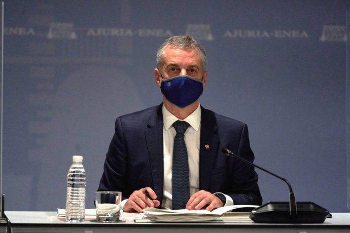 El Lehendakari, Iñigo Urkullu, preside la reunión del comité asesor del Plan de Protección Civil de Euskadi (LABI), en Vitoria, Álava, Euskadi (España), a 26 de marzo de 2021.
