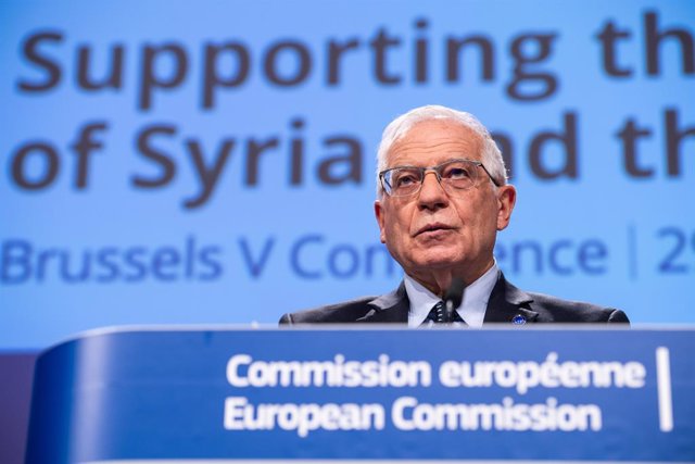 HANDOUT - 30 March 2021, Belgium, Brussels: European Union High Representative for Foreign Affairs Josep Borrell speaks during the second day of the fifth Brussels Conference on 'Supporting the future of Syria and the region'. Photo: Lukasz Kobus/Europe