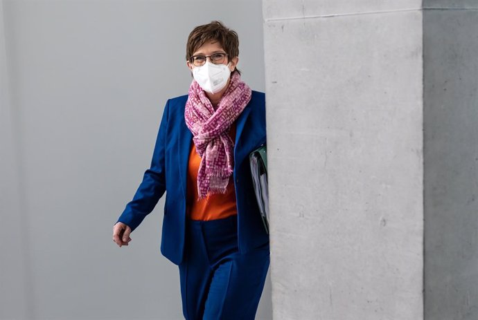 12 April 2021, Berlin: German Minister of Defence Annegret Kramp-Karrenbauer arrives to aatend the special meeting of the Defence Committee on the reform of the Bundeswehr's Special Forces Command (KSK). Photo: Bernd von Jutrczenka/dpa