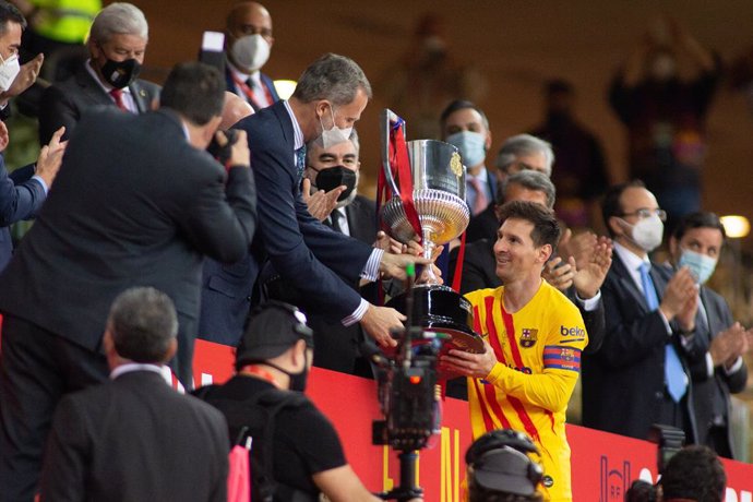 Lionel Messi of Barcelona during Copa Del Rey Final match between Athletic Club and Futbol Club Barcelona at Estadio de La Cartuja on April 17, 2021 in Seville, Spain.