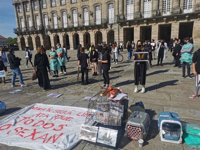 Decenas de personas secundan en la Praza do Obradoiro, en Santiago de Compostela, una protesta contra la crueldad animal en los laboratorios, particularmente en Vivotecnia, en Madrid.