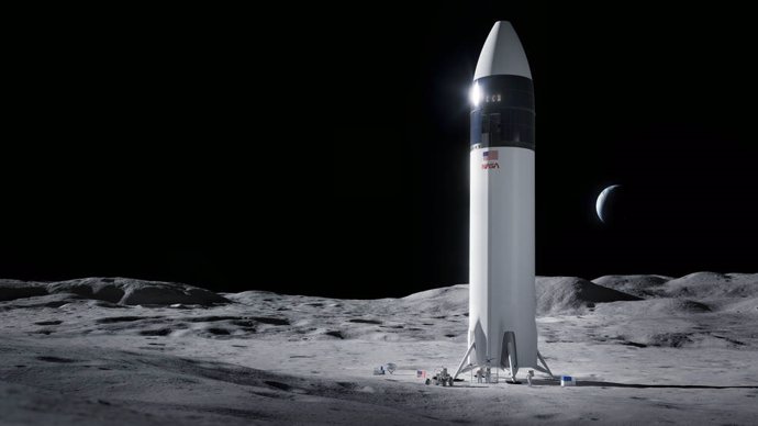 Ilustración del diseño del módulo de aterrizaje humano SpaceX Starship que llevará a los primeros astronautas de la NASA a la superficie de la Luna bajo el programa Artemisa.