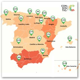 Mapa de usuarios de Consentino, con más de 5.000 empresas registradas y 95.000 referencias de productos.