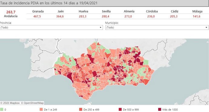 Mapa de Andalucía con nivel de incidencia de Covid-19 por municipios a 19 de abril de 2021