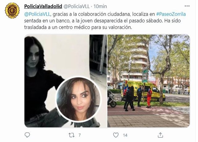 Tuit en el que la Policía Municipal de Valladolid confirma la localización de la joven salmantina.