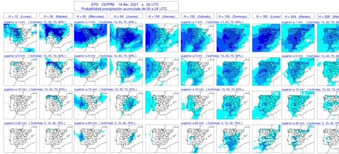 Mapas elaborados por la Aemet sobre la previsión de chubascos generalizados en CyL
