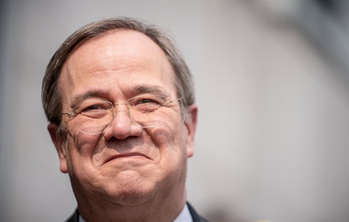 19 April 2021, Berlin: Armin Laschet, Christian Democratic Union of Germany (CDU) Chairman and Minister-President of North Rhine-Westphalia, reacts during a press conference in front of the Konrad-Adenauer-House, after a meeting with Christian Social Un