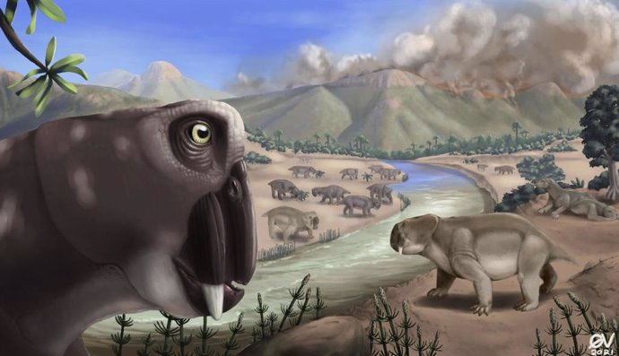 Una ilustración que muestra Lystrosaurus durante la extinción masiva del final del Pérmico
