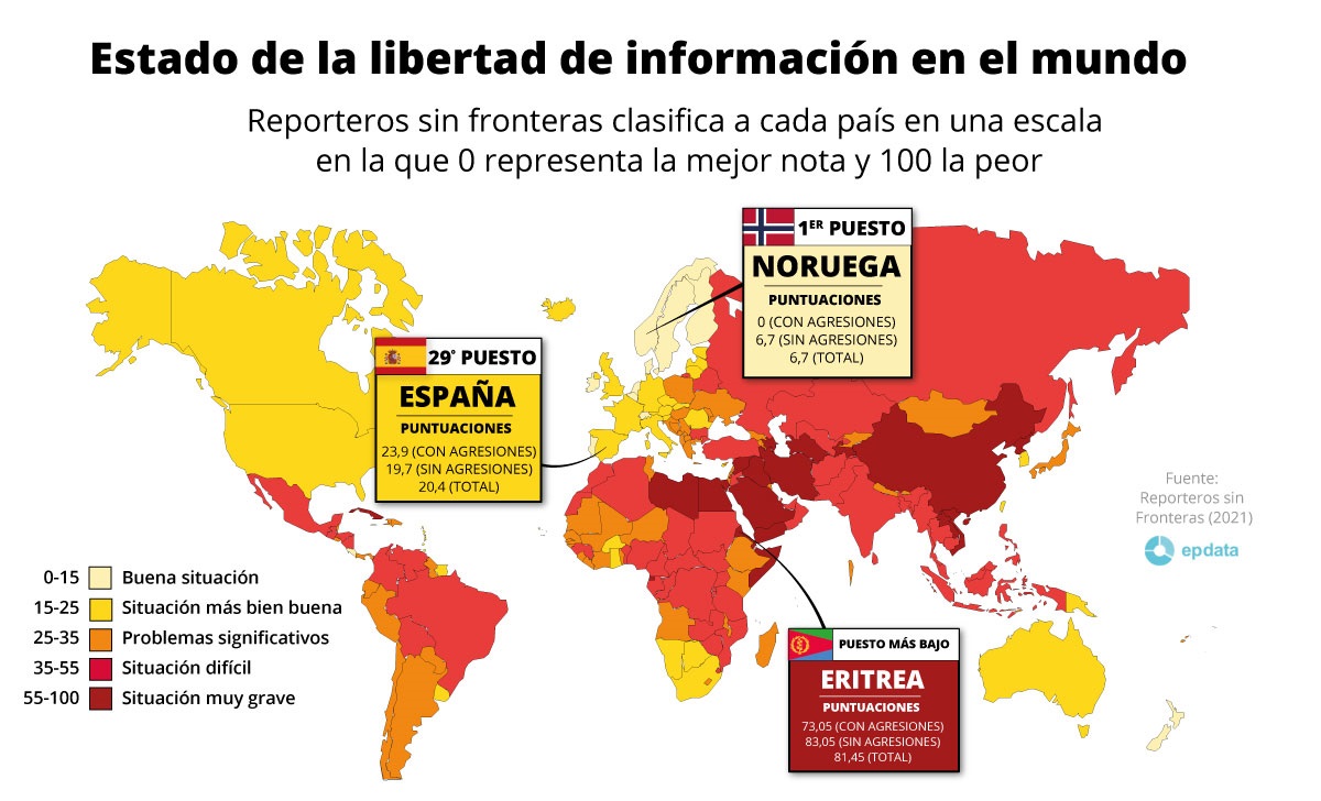 Mapa con estado de la libertad de información en el mundo según la clasificación de Reporteros Sin Fronteras