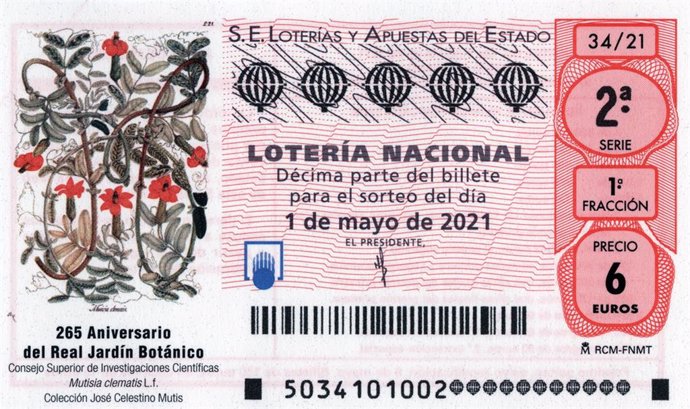 Loterías conmemora el 265 aniversario del Real Jardín Botánico con un cupón conmemorativo para el sorteo del 1 de mayo.
