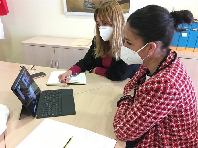 Esmeralda Campos, concejala de Economía, Hacienda, Comercio y Turismo de Logroño, en su reunión virtual con representantes del Ayuntamiento de Burgos.