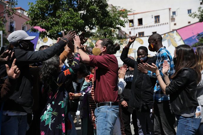 El candidato de Unidas Podemos a la Presidencia de la Comunidad de Madrid, Pablo Iglesias, durante el acto de inicio de campaña del partido para las elecciones a la Asamblea de Madrid, a 18 de abril de 2021, en el barrio de Lavapiés, Madrid (España). Es