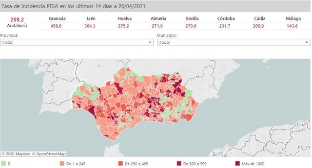 Mapa de Andalucía con nivel de incidencia de Covid-19 por municipios a 20 de abril de 2021