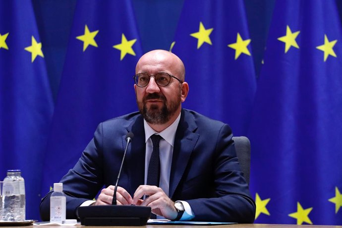 HANDOUT - 19 April 2021, Belgium, Brussels: European Council President Charles Michel speaks as he participates in a video conference with Georgian President Salome Zurabishvili at the European Council building in Brussels. Photo: Dario Pignatelli/Europ