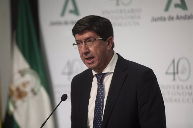 El vicepresidente de la Junta, Juan Marín, durante la rueda de prensa posterior a la reunión del consejo de Gobierno de la Junta de Andalucía. En Sevilla (Andalucía, España), a 20 de abril de 2021.