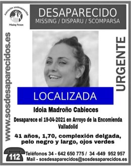 Cartel en el que se comunica que se ha localizado a la mujer desaparecida en Arroyo de la Encomienda.