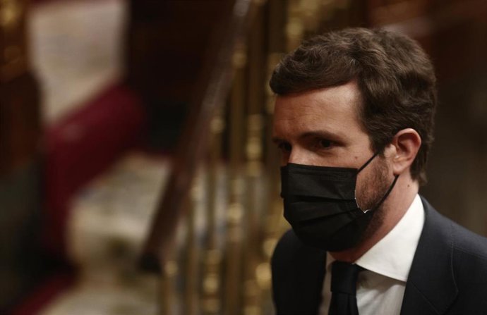 El líder del PP, Pablo Casado, durante una sesión de control al Gobierno Central, a 21 de abril de 2021, en el Congreso de los Diputados, Madrid, (España). Durante este pleno, marcado por la ausencia del presidente del Gobierno, se abordarán las cuestio
