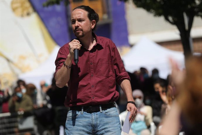 El candidato de Unidas Podemos a la Presidencia de la Comunidad de Madrid, Pablo Iglesias, durante el acto de inicio de campaña del partido para las elecciones a la Asamblea de Madrid, a 18 de abril de 2021, en el barrio de Lavapiés, Madrid (España). 