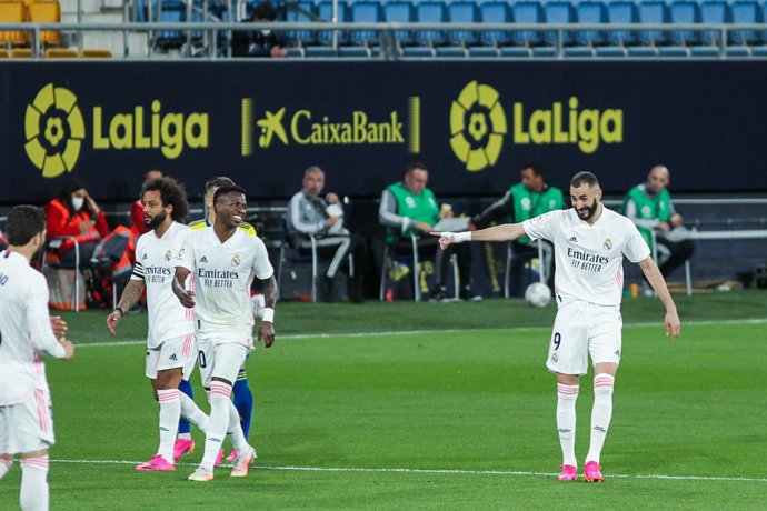 Karim Benzema of Real Madrid celebrates a goal during La Liga football match between Cadiz CF and Real Madrid CF at Ramon de Carranza stadium on April 21, 2021 in Cadiz, Spain.