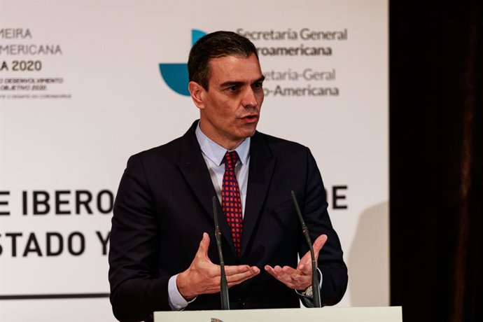 El presidente del Gobierno de España, Pedro Sánchez, comparece ante los medios de comunicación tras la celebración del pleno del XXVII Cumbre Iberoamericana de Jefes de Estado y de Gobierno, a 21 de abril de 2021, en Andorra la Vella (Andorra). La Cumbr