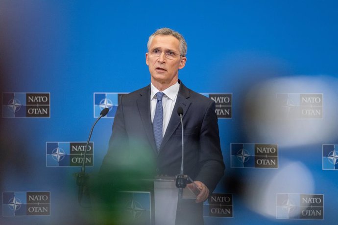HANDOUT - 24 March 2021, Belgium, Brussels: NATO Secretary General Jens Stoltenberg holds a press conference following the NATO Foreign Affairs Ministers' meetings. Photo: F.Garrido-Ramirez/NATO/dpa - ATTENTION: editorial use only and only if the credit