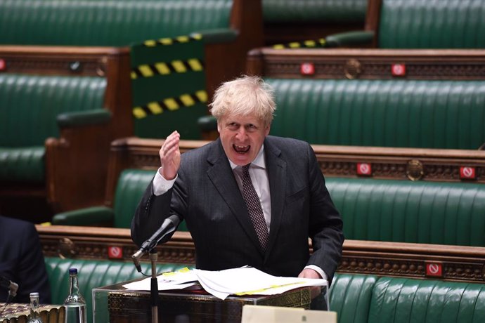 HANDOUT - 21 April 2021, United Kingdom, London: UK Prime Minister Boris Johnson speaks during Prime Minister's Questions at the House of Commons. Photo: Jessica Taylor/Uk Parliament via PA Media/dpa - ATTENTION: editorial use only and only if the credi