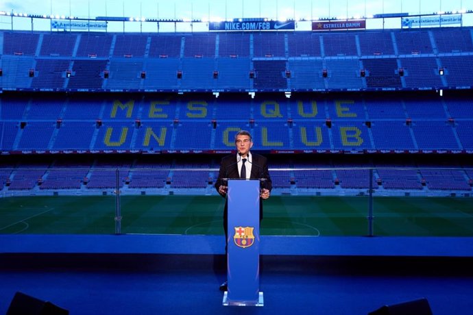 Archivo - El presidente del FC Barcelona, Joan Laporta, en la toma de posesión del cargo en el Camp Nou