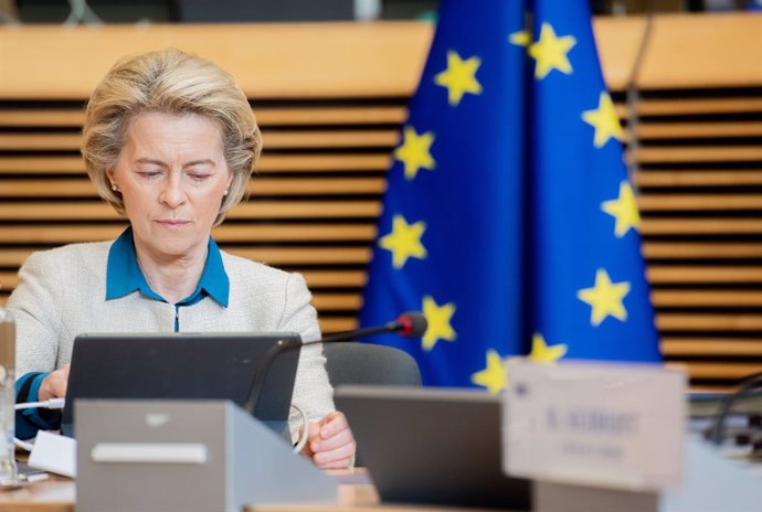 HANDOUT - 21 April 2021, Belgium, Brussels: European Commission President Ursula von der Leyen attends a weekly commissioners meeting. Photo: Jennifer Jacquemart/European Commission/dpa - ATTENTION: editorial use only and only if the credit mentioned ab