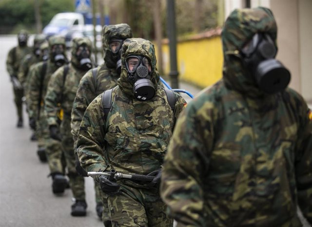 Archivo - Brilat desinfecta las estaciones de tren y autobuses de Pola de Siero a causa del covid-19 a 01-04-2020