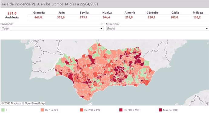 Mapa de Andalucía con nivel de incidencia de Covid-19 por municipios a 22 de abril de 2021