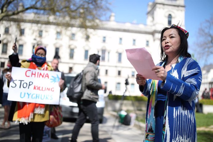 22 April 2021, United Kingdom, London: Rahima Mahmut, founder of Stop Uyghur Genocide, speaks during a demonstration at Parliament Square, which is being held ahead of a House of Commons debate, bought by backbench MP Nus Ghani, on whether Uyghurs in Ch