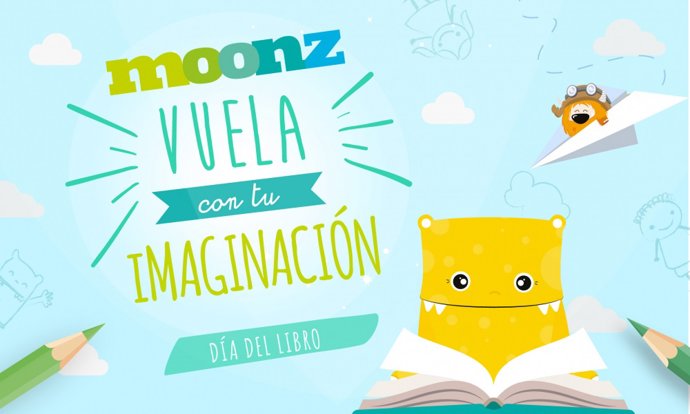 Cartel de Moonz con motivo de la celebración de talleres infantiles por el Día internacional del Libro