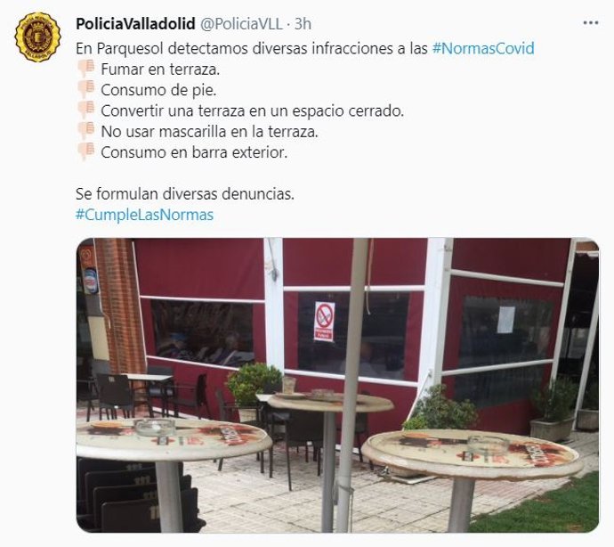 Tuit de la Policía Municipal en el que informa sobre denuncias en el barrio de Parquesol por incumplimientos de la normativa COVID-19.