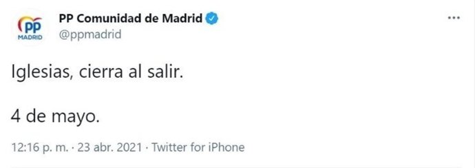 Captura del tuit de PP Madrid que ha sido borrado