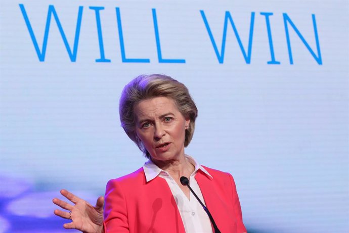 23 April 2021, Belgium, Puurs: European Commission President Ursula Von der Leyen and Belgian Prime Minister Alexander De Croo (not pictured) hold a press conference during their visit to the Covid-19 vaccine production site of Pfizer-BioNTech. Photo: B